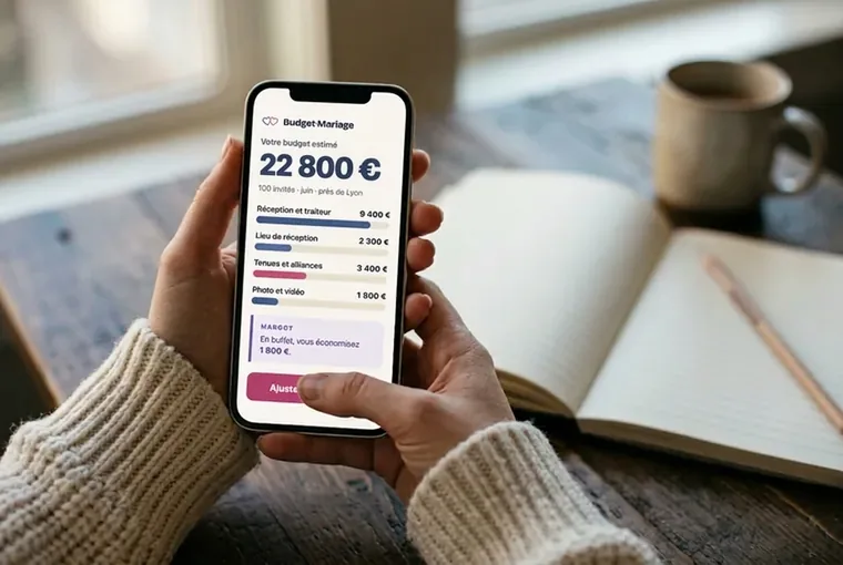 Deux mains tiennent un téléphone qui affiche une estimation de budget de mariage, poste par poste