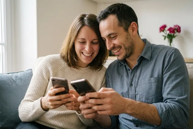 Un couple assis côte à côte compare ce qu'affichent leurs deux téléphones