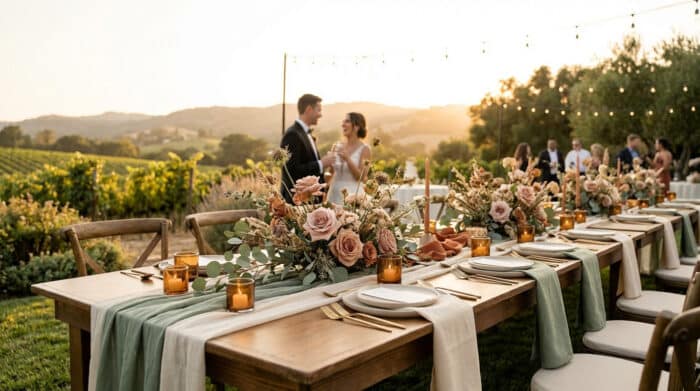 Beautifully set long wedding table in a vineyard with organic florals, sage/cream linens, gold accents, and a joyful couple in soft, warm light.
