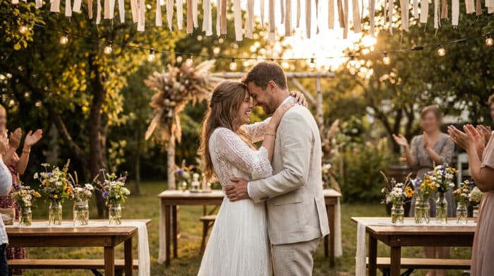Un couple de mariés s'embrasse joyeusement lors de leur mariage champêtre en plein air, sous des guirlandes lumineuses, au coucher du soleil.