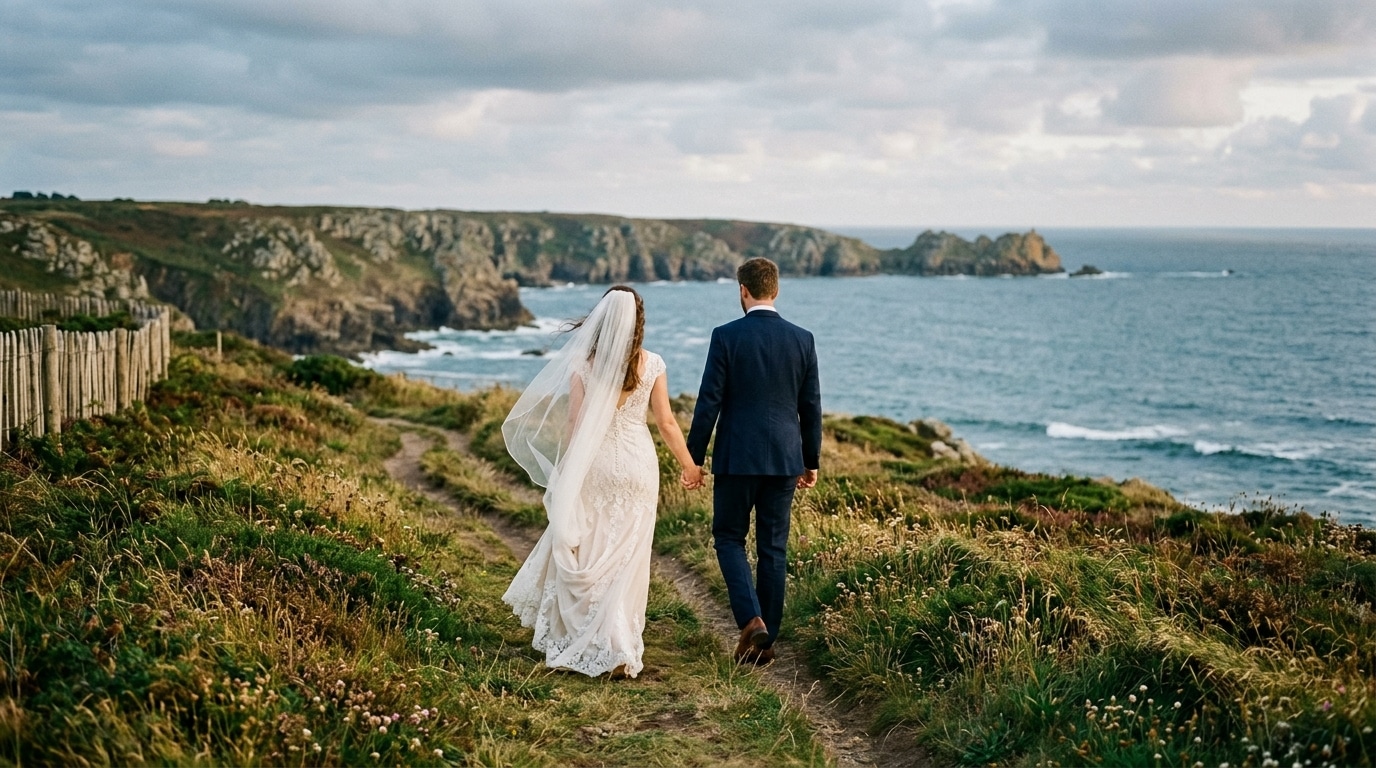 Couple de maries marchant sur un sentier cotier breton au coucher du soleil