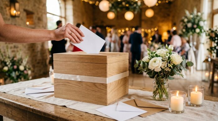 Invitée glissant une enveloppe dans l'urne de mariage posée sur la table des cadeaux
