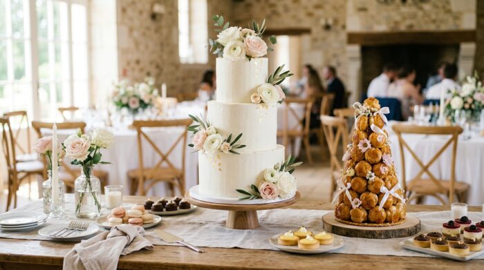 Wedding cake à trois étages, pièce montée en choux et mini-desserts sur une table de réception de mariage