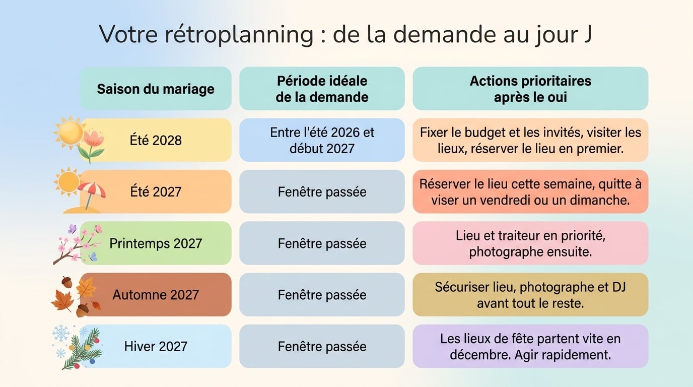 Tableau de rétroplanning : saison du mariage, période idéale de la demande et actions prioritaires après le oui, de l'été 2028 à l'hiver 2027