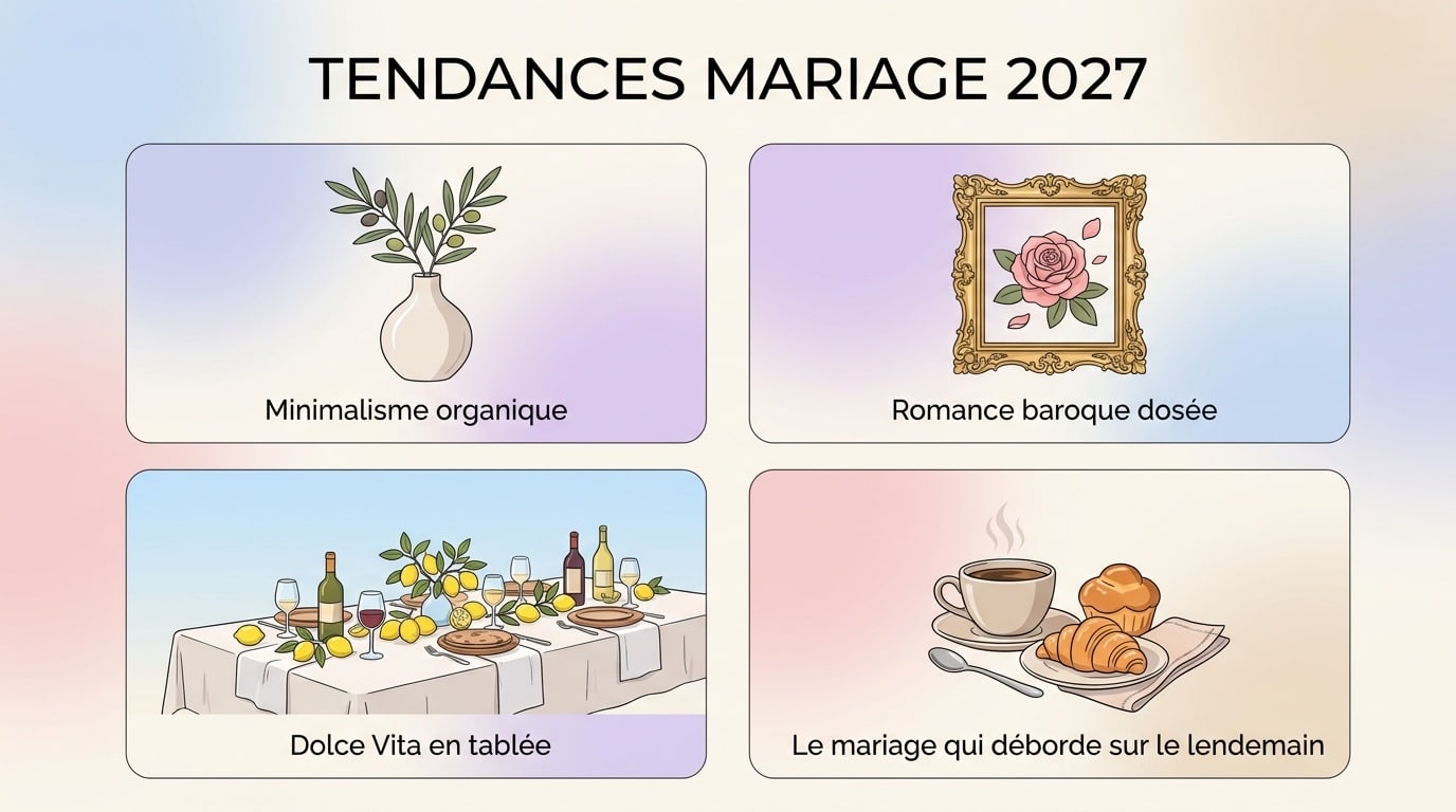 Infographie des quatre tendances mariage 2027 : minimalisme organique, romance baroque dosée, Dolce Vita en tablée et mariage qui déborde sur le lendemain
